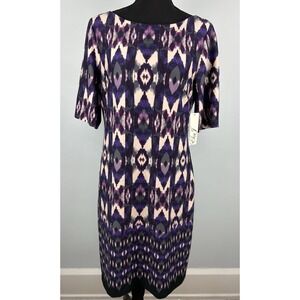 NWT Eliza J 10 Purple Geometric Sheath Dress Half Sleeve Knee Length Woven